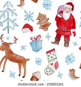 Watercolor Merry Christmas objects pattern. Hand drawn seamless texture with Santa Claus, xmas trees, cartoon deer, gifts, birds, snowflakes and Christmas socks. Vector background