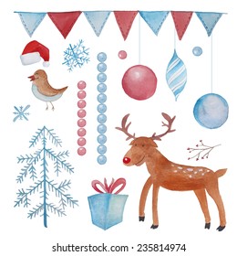 Watercolor Merry Christmas objects set. Hand drawn vintage elements: xmas tree, cartoon deer, gift box, bird, snowflakes, Santa's red hat and garland. Vector illustrations
