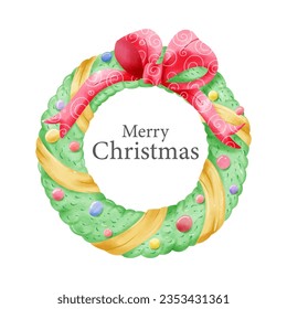 Watercolor Merry Christmas Wreath with Quote on White Background Vector