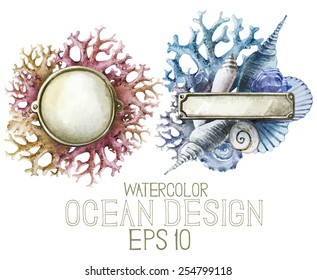 Watercolor metal plates with ocean design. Shells and corals on background. Vector set  isolated on white background