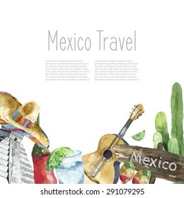 Watercolor Mexico landmark frame. Hand draw round card background with objects. Sombrero, pepper, lime, pyramid, tequila, guitar, cactus. Vector background.