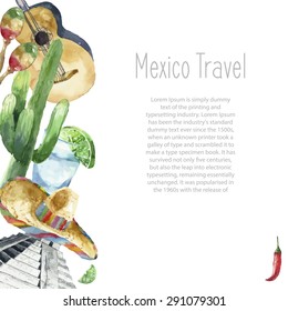 Watercolor Mexico landmark frame. Hand draw card background with place for text and objects. Sombrero, pepper, lime, pyramid, tequila, guitar, cactus. Vector background.