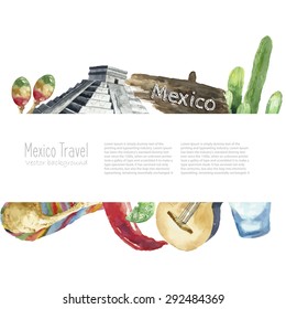 Watercolor Mexico landmark frame. Hand draw card background with place for text and objects. Sombrero, pepper, lime, pyramid, tequila, guitar, cactus. Vector background.