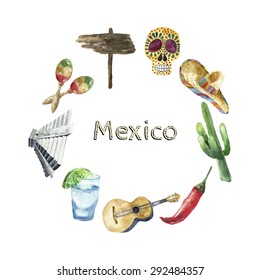 Watercolor Mexico landmark round frame. Hand draw card background with place for text and objects. Sombrero, pepper, lime, pyramid, tequila, guitar, cactus. Vector background.