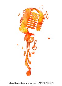 Watercolor microphone with notes. Vector illustration.