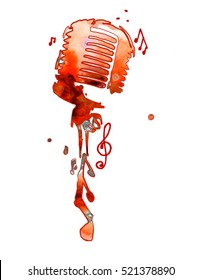 Watercolor microphone with notes. Vector illustration.