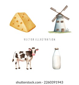 watercolor milk and cheese, Farmhouse. Vector illustration