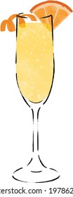 Watercolor Mimosa cocktail drink illustration and orange twist   wedge  isolated vector white background