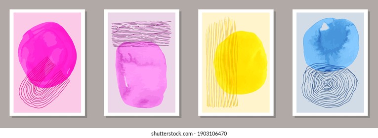 Juego de vectores de banners mínimos de color de agua. Patrones de manchas acuáticas. Diseño de estilo de los años 20. Plantillas de arte juvenil. Elementos Doodle.