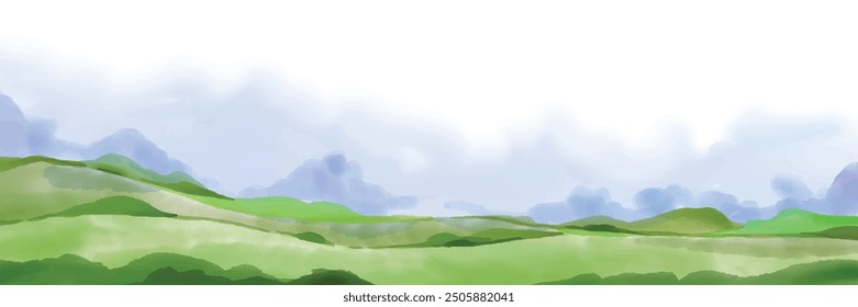 Watercolor minimal landscape, vector painting horizontal nature view, green ink field illustration. Peaceful sky scenery, environment trendy wallpaper, blue clouds, calm hills. Watercolor landscape