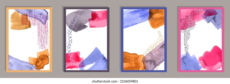 Watercolor minimal postcards vector set. Watercolor smears backgrounds. Japanese style prints. Youth artistic cover templates. Scribble elements.