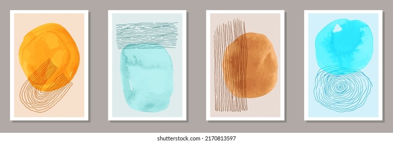 Watercolor minimal posters vector collection. Watercolor blotches backgrounds. 60s style prints. Stylish home decor layouts. Scribble elements.