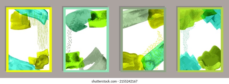 Watercolor minimal posters vector set. Watercolor splashes texture. Chinese style frames. Youth banner layouts. Brush stroke elements.