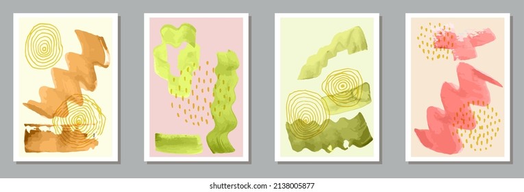 Watercolor minimalist canvas vector set. Watercolor stains shapes. Chinese style prints. Youth home decor templates. Doodle elements.