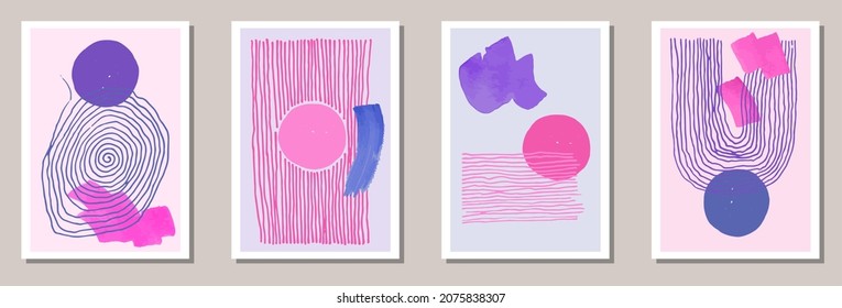 Watercolor minimalist covers vector collection. Watercolor splats backgrounds. Scandinavian style design. Stylish house decor layouts. Doodle elements.