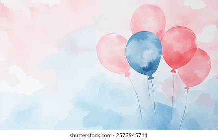 Watercolor minimalist Kids border isolated on white, textured, clouds, balloons, and a pastel background