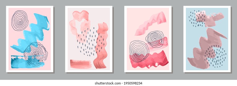 Watercolor minimalist posters vector collection. Watercolor stains texture. Scandinavian style frames. Cool banner templates. Doodle elements.