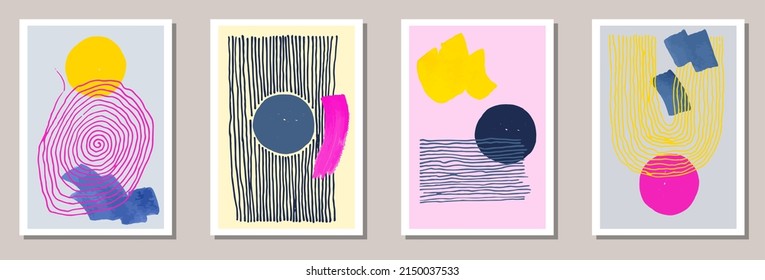 Watercolor minimalist posters vector set. Watercolor blots backgrounds. 20s style prints. Stylish artistic cover layouts. Brush stroke elements.