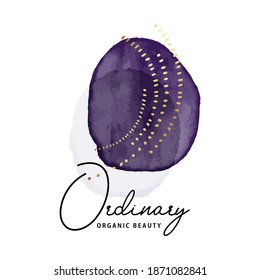 Watercolor minimalistic abstract logo, violet acrylic shape, aquarelle blobs elegant  branding, banner, poster, party invitation, expession contrast social media post, gold logo.
