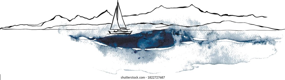 Watercolor minimalistic seascape with black mountains and boat. Hand painted linear card on white background. Oceanic illustration for design, print, fabric or background.