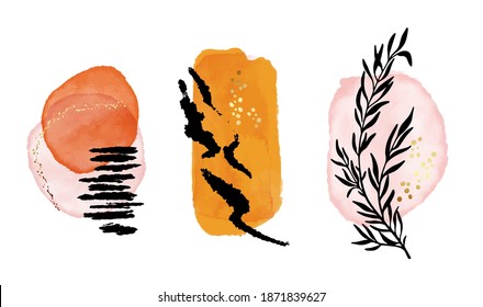 Watercolor minimalistic shapes, watercolor blobs boho aesthetics. Geometric background  shapes, Contemporary beauty cosmetics Logo design, eco-friendly  icons  in vector 