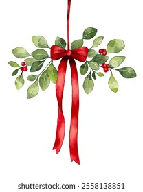 Watercolor Mistletoe branches with a red bow. Christmas and New Year decorative element