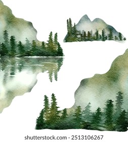 Watercolor Misty Mountain Illustration. Mountain. Forest