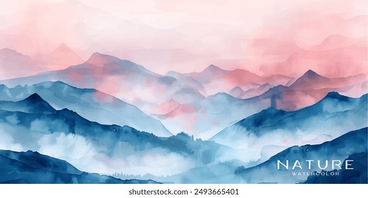 Acuarela de una cordillera brumosa al amanecer, con suaves cielos pastel y capas de niebla, diseño de Fondo de pantalla, arte de pared para la decoración del hogar y estampados.