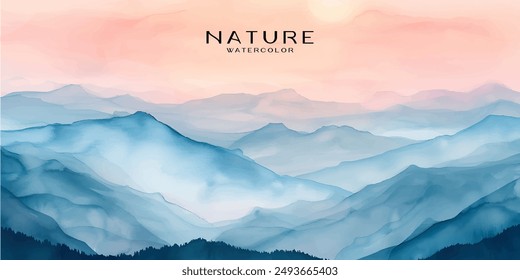 Watercolor of a misty mountain range at sunrise, with soft pastel skies and layers of fog, Wallpaper design, Wall art for home decor and prints.