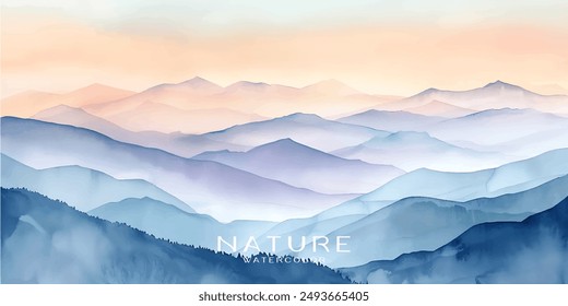 Watercolor of a misty mountain range at sunrise, with soft pastel skies and layers of fog, Wallpaper design, Wall art for home decor and prints.