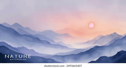 Acuarela de una cordillera brumosa al amanecer, con suaves cielos pastel y capas de niebla, diseño de Fondo de pantalla, arte de pared para la decoración del hogar y estampados.