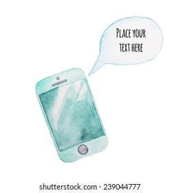 Watercolor mobile phone with speaking bubble. Communication hand drawn illustration