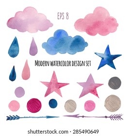 Watercolor modern abstract sticker set. Hand drawn decorative elements: stars, arrows, clouds, rain drops, confetti. Vector collection of party, kids room, printing design in pink, blue and silver