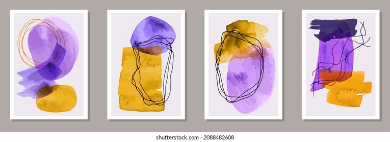 Watercolor modern banners vector collection. Watercolor splashes texture. Japanese style prints. Youth house decor layouts. Brush stroke elements.