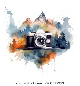 Watercolor Modern Camera Side Angle With Forest Trees, National Photography Day Concept