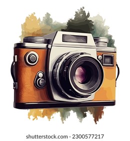 Watercolor Modern Camera Side Angle With Forest Trees, National Photography Day Concept