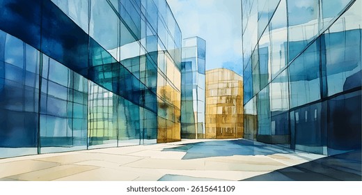 Watercolor of modern city buildings with reflective glass facades.