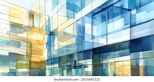 Watercolor of modern city buildings with reflective glass facades.