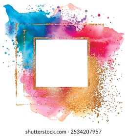 Aquarelle moderne coups de pinceau colorés avec des cadres dorés, bordures, paillettes, place pour texte. Arrière-plan abstrait décoratif de luxe à la mode. Tache de tache d'aquarelle de peinture sale. Texture Image vectorielle isolée.