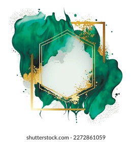 Aquarellfarben moderne, farbige Komposition mit goldenem Rahmen, Rahmen, Glitter, Ort für Text. Trendy Luxus dekoratives abstraktes Design. Smaragdgrüner Fleck. Einzige Vektorstruktur.