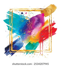 Watercolor modern colorful doodle liquid brush strokes with gold frames, borders, glitter. Trendy luxury decorative abstract vector background. Dirty paint watercolor spot,  splash. Isolated  texture.
