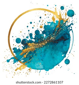 Watercolor modern colorful pattern composition with gold frame, border, glitter, place for text. Trendy luxury decorative abstract design. Blue watercolor stain. Isolated vector texture.