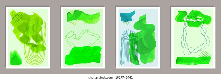 Watercolor modern covers vector set. Watercolor splats shapes. 50s style design. Stylish banner templates. Doodle elements.