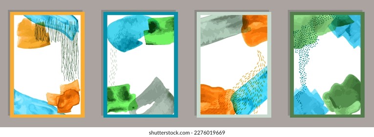 Acuarela moderna cubre el conjunto de vectores. Formas de manchas de color de agua. Diseño de estilo japonés. Plantillas de decoración de casa para jóvenes. Elementos Doodle.