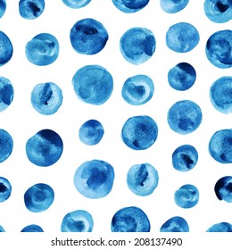 Watercolor modern pattern with blue polka dots. Seamless pattern. Abstract background. Vector illustration.