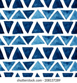 Watercolor modern pattern with blue triangles. Seamless pattern. Abstract background. Vector illustration.