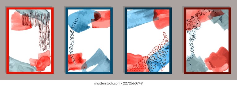 Juego de vectores de postales modernos de color de agua. Collage de salpicaduras de color de agua. Impresiones de estilo de los años 20. Plantillas de arte elegantes. Elementos Doodle.