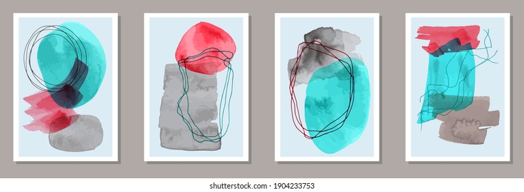 Watercolor modern posters vector collection. Watercolor blots patterns. Scandinavian style frames. Cool artistic cover templates. Brush stroke elements.
