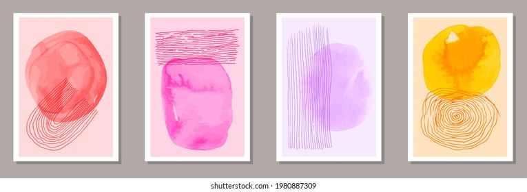 Watercolor modern posters vector set. Watercolor smears patterns. Japanese style prints. Youth wall poster layouts. Brush stroke elements.