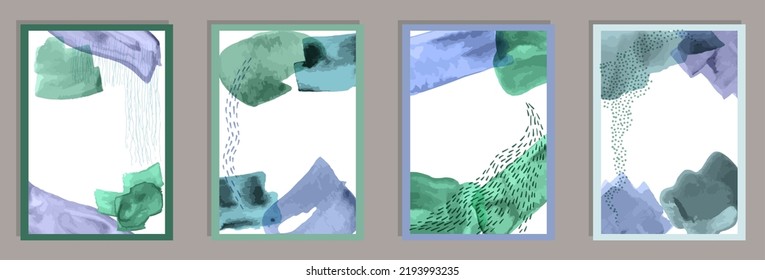 Watercolor modern posters vector set. Watercolor blotches backgrounds. 50s style design. Cool office poster templates. Scribble elements.